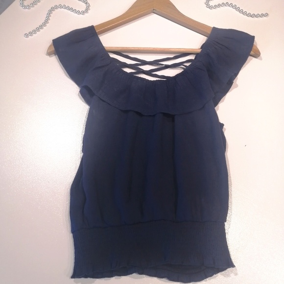 MINE Off Shoulder Ruffled Top - Navy Blue NWOT - Picture 1 of 4